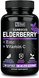 Zeal Naturals Max Strength Elderberry Capsules + Ψευδάργυρος + Βιταμίνη C 500mg για την υποστήριξη ανοσοποιητικού συστήματος με Black Sambucus Elderberry 