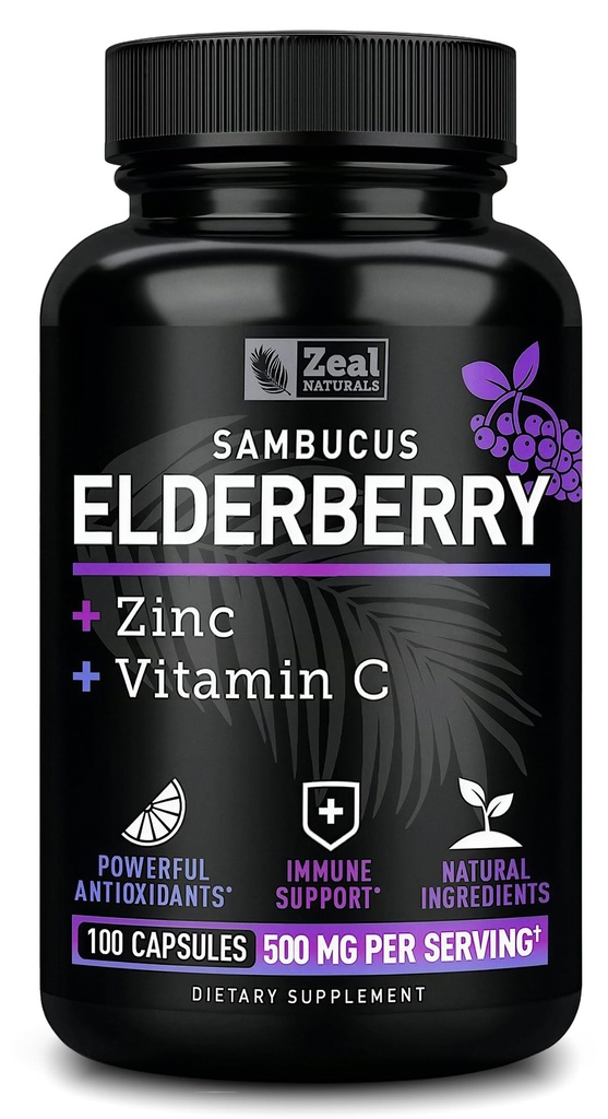 Zeal Naturals Max Strength Elderberry Capsules + Ψευδάργυρος + Βιταμίνη C 500mg για την υποστήριξη ανοσοποιητικού συστήματος με Black Sambucus Elderberry 