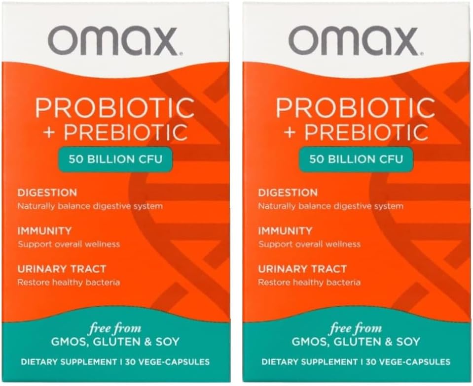 Omax3 Prebiotic & Probiotic 50 Billion CFU + Chicory Inulin, 10 Strain, Reduce Bloating, Digestion, SIBO, Leaky Gut, Κολπικό pH, Acidophilus, Vegan, Γαλακτοκομικά, Χωρίς γλουτένη, Blister Συσκευασία (2 Συσκευασία)