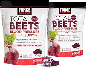 Force Factor Total Beets Blood Pressure Support Supplement with Beets Powder, Great-Tasting Chewables for Heart-Healthy Energy, and Inclusive Nitric Oxide, 120 Chews, 2-Pack