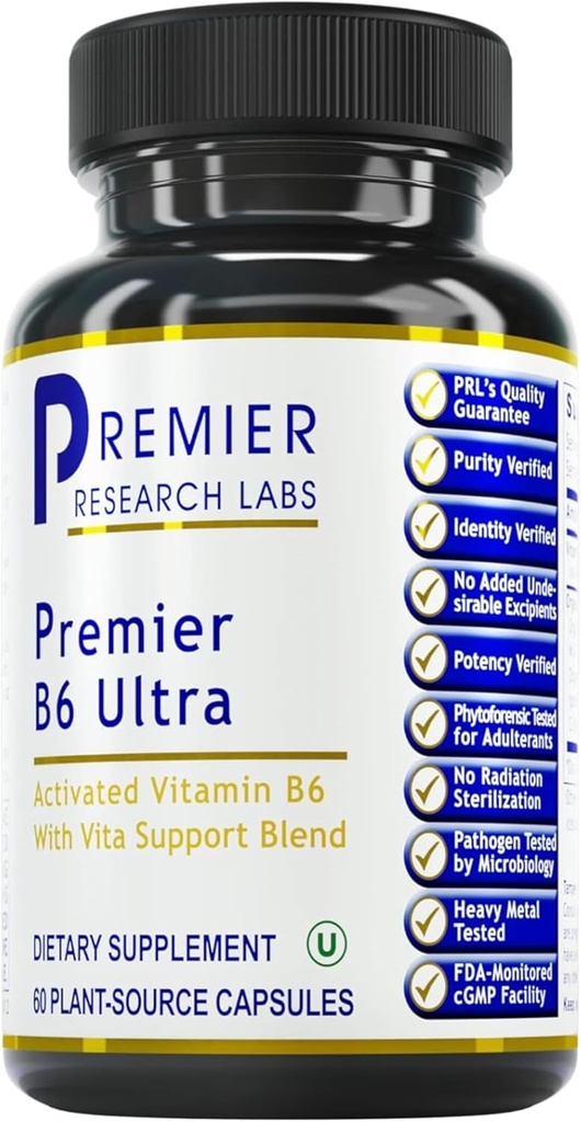 Premier Research Labs Premier B6 Ultra- P5P Vitamin B6, Pyridoxal 5 Phosphate B6 Vitamins Supplement, 50mg B6 ανά καψάκιο, Active Form for Energy Μεταβολισμός, & λειτουργία του εγκεφάλου - 60 κάψουλες χορτοφάγων