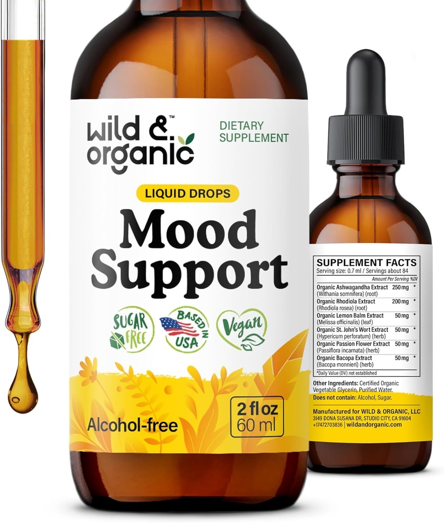 Wild & Organic Mood Support Drops - Good Mood Supplements w/Ashwagandha Root & Rhodiola Rosea - Φυσικές σταγόνες υγρού για θετική ενέργεια - Ηρεμία και χαλάρωση συμπληρώματα για γυναίκες και άνδρες - 2 oz