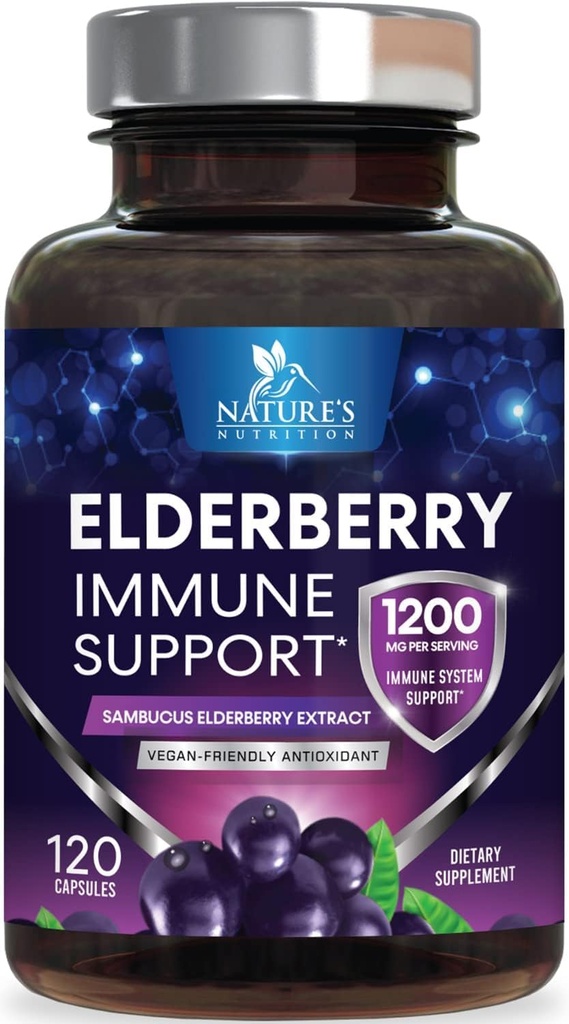 Elderberry Immune Support 1200mg - Καθημερινή Ανοσολογική Υποστήριξη για Ενήλικες με Συμπυκνωμένο εκχύλισμα Sambucus Black Elderberry - Συμπλήρωμα Αντιοξειδωτικής Βιταμίνης, Χωρίς Γλουτένη, Εμφιαλωμένο στις ΗΠΑ - 120 Κάψουλες