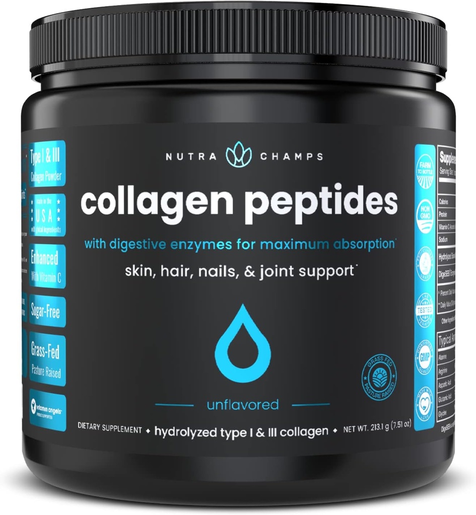 Κολαγόνο Peptides Σκόνη - Ενισχυμένη απορρόφηση, Διπλή υδρολυμένη, Grass Fed, Keto Protein Powder με βιταμίνη C - Premium συμπλήρωμα για την ανάπτυξη των μαλλιών, το δέρμα, τα νύχια, αρθρώσεις & οστά, Unflaved