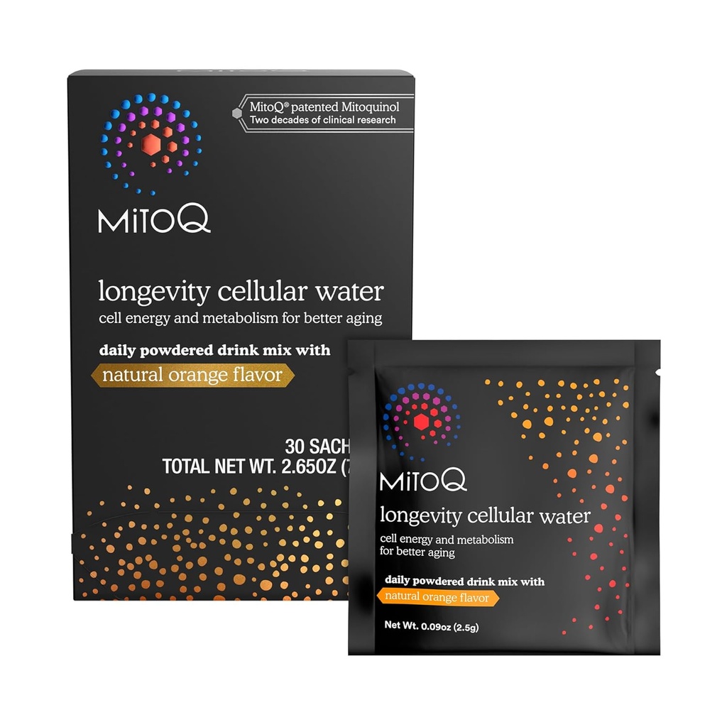 MitoQ Longevity Cellular Water Daily Powdered Drink Mix Φυσικό Πορτοκαλί Γεύση - Mitochondria-στοχευμένο Αντιοξειδωτικό - Κυτταρική Ενέργεια και Μεταβολισμός για Καλύτερη Γήρανση (Orange, 30 συσκευασίες)