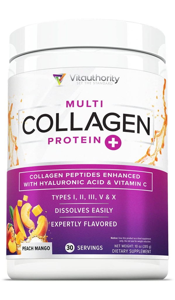 Multi Collagen Peptides σε σκόνη για γυναίκες - Hydrolyzed Flavored Collagen σε σκόνη για γυναίκες με τύπους I II III V & X Βιταμίνη C & Υαλουρονικό οξύ για δέρμα μαλλιών και νύχια (Peach Mango) - 30 Σερβιέτες