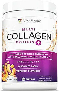 Multi Collagen Peptides σε σκόνη για γυναίκες - Hydrolyzed Flavored Collagen σε σκόνη για γυναίκες με τύπους I II III V & X Βιταμίνη C & Υαλουρονικό οξύ για δέρμα μαλλιών και νύχια (Peach Mango) - 30 Σερβιέτες