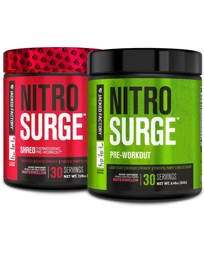 Jacked Factory Nitrosurge Shred Thermogenic Pre-Workout in Watermelon & Watermelon Nitrosurge Pre-Workout for Men & Women