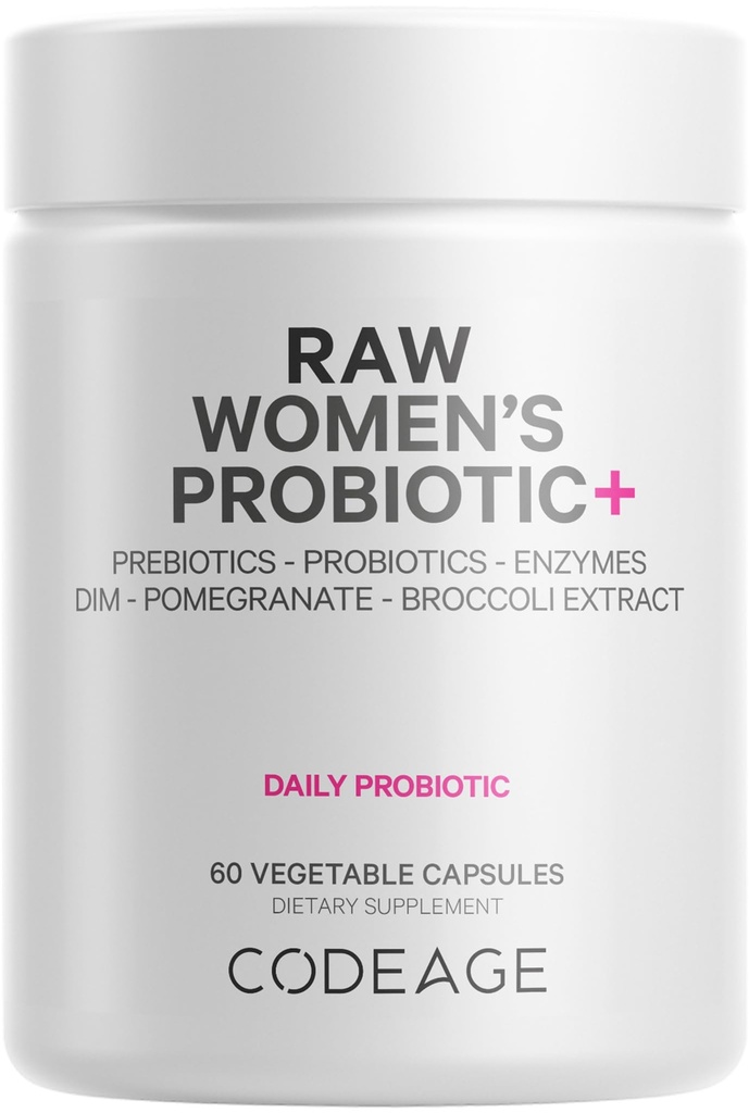 Codeage Raw Women’s Probiotic+ Supplement - 34 Probiotic Strains, 100 Billion CFUs, Digestive Enzymes, Prebiotic Blend, DIM, Herbal Extracts, Phytonutrients - Non-GMO - 60 Capsules