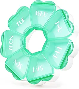 Cute Pill Organizer 7 Day, Color Blocking Weekly Pill Case, Daily Medicine Pill Box with Large Capacity Compartments for Fish Oils/Vitamins/Medication/Supplements (Green)