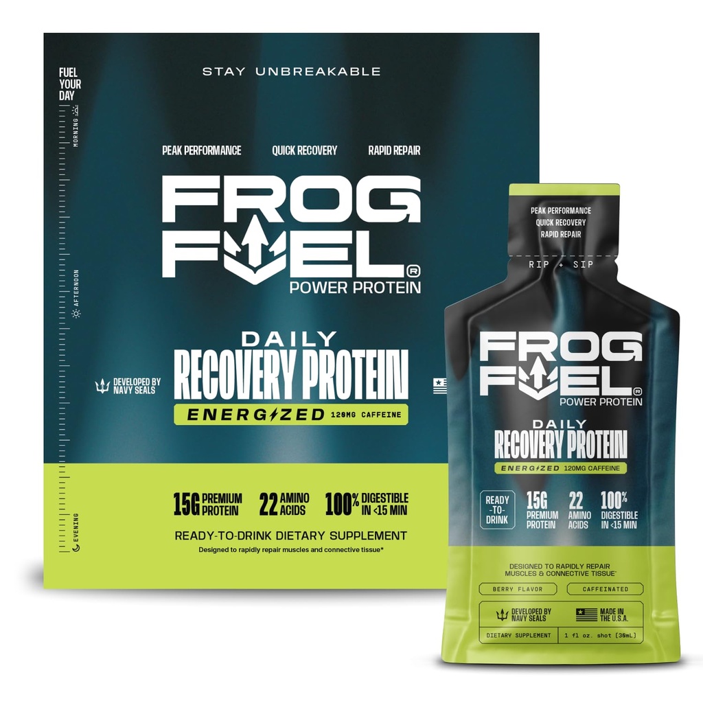 Frog Fuel Power Energized Protein Shot, 15g πρωτεΐνης Nano-Hydrolyzed Grass Fed Collagen, 120mg καφεΐνη, λίπος & ζάχαρη χωρίς, 22 Αμινοξέα, 0 υδατάνθρακες, Berry, 1 oz πακέτα, 24 συσκευασίας