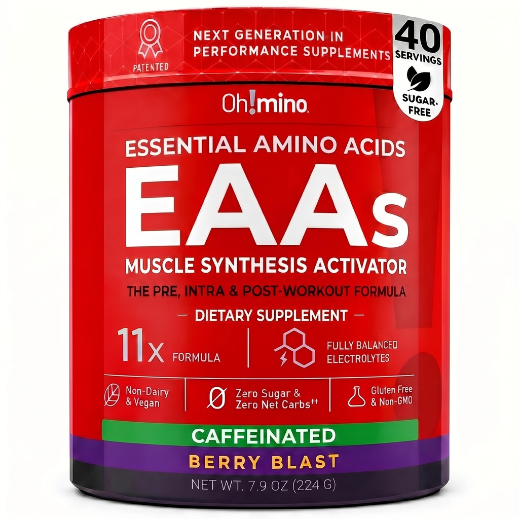 Ω!μίνο Essential Amino Acids συμπλήρωμα. Berry Blast, Καφεϊνάτη σκόνη. Και οι 9 ΕΑΑ, BCAAs και το τέλειο Amino για τις προπονήσεις, Amino Energy, και να οικοδομήσουμε τους μυς, και να ανακτήσουμε πιο γρήγορα.