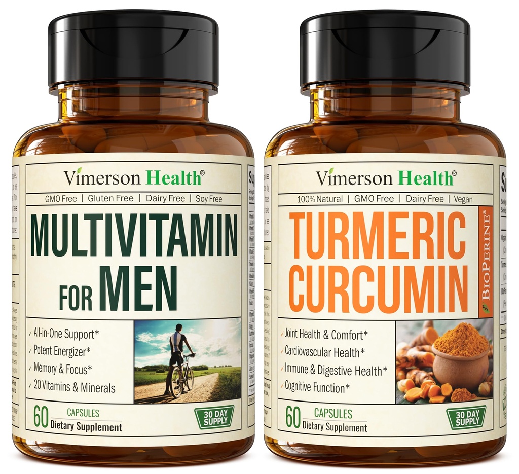 Vimerson Health Men's Multivitamin + Turmeric Curcumin with Black Pepper Extract Bundle. Joint and Immune Support, Discomfort Relief, Antioxidant Properties for Him