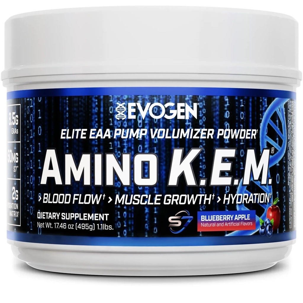 Evogen Amino K.E.M. - EAA & BCAA Powder Pump Volumizer | BCAAs Amino Acids Supplement for Blood Flow, Muscle Growth, & Hydration | Blueberry Apple | 30 Servings