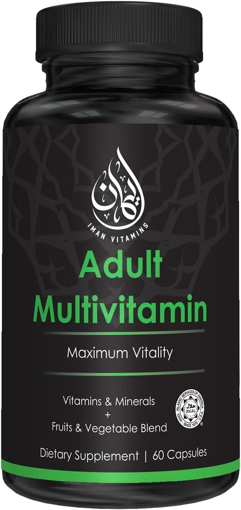 Halal Complete Multivitamin Capsules for Adults Men & Women | 42 Fruit & Vegetable Blend with Iron, Zinc, CoQ10, Folic Acid, and Vitamin A, B1, B3, B6, B12, C, D3, E | 60 Count
