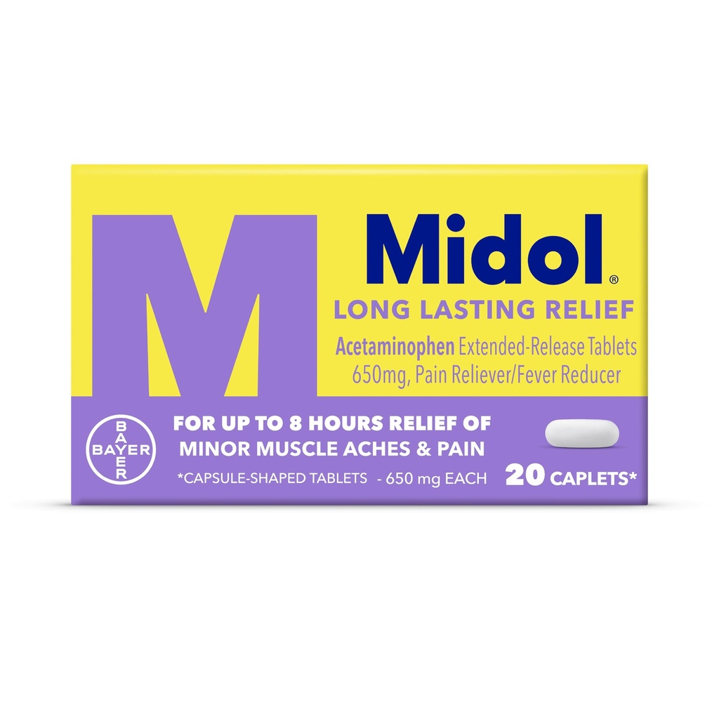 Midol Long Lasting Relief 20ct: Midol Long Lasting Relief, Menstrual Symptom Reliever & Fever Reducer, Caplets with Acetamophen for Menstrual Pain Relief - 20 Count (Packaging May Vary)
