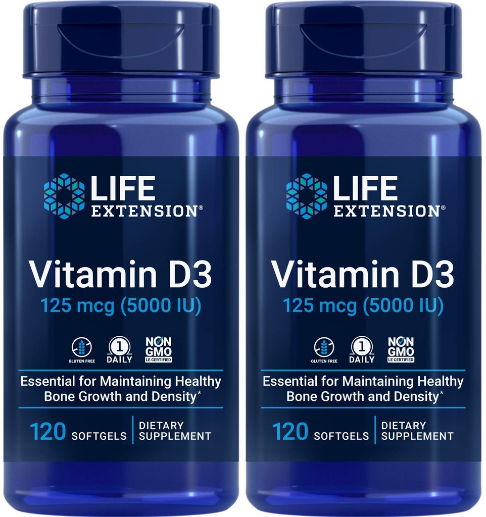 Επέκταση ζωής Βιταμίνη D3 5000 IU, 120 Softgels (πακέτο των 2)