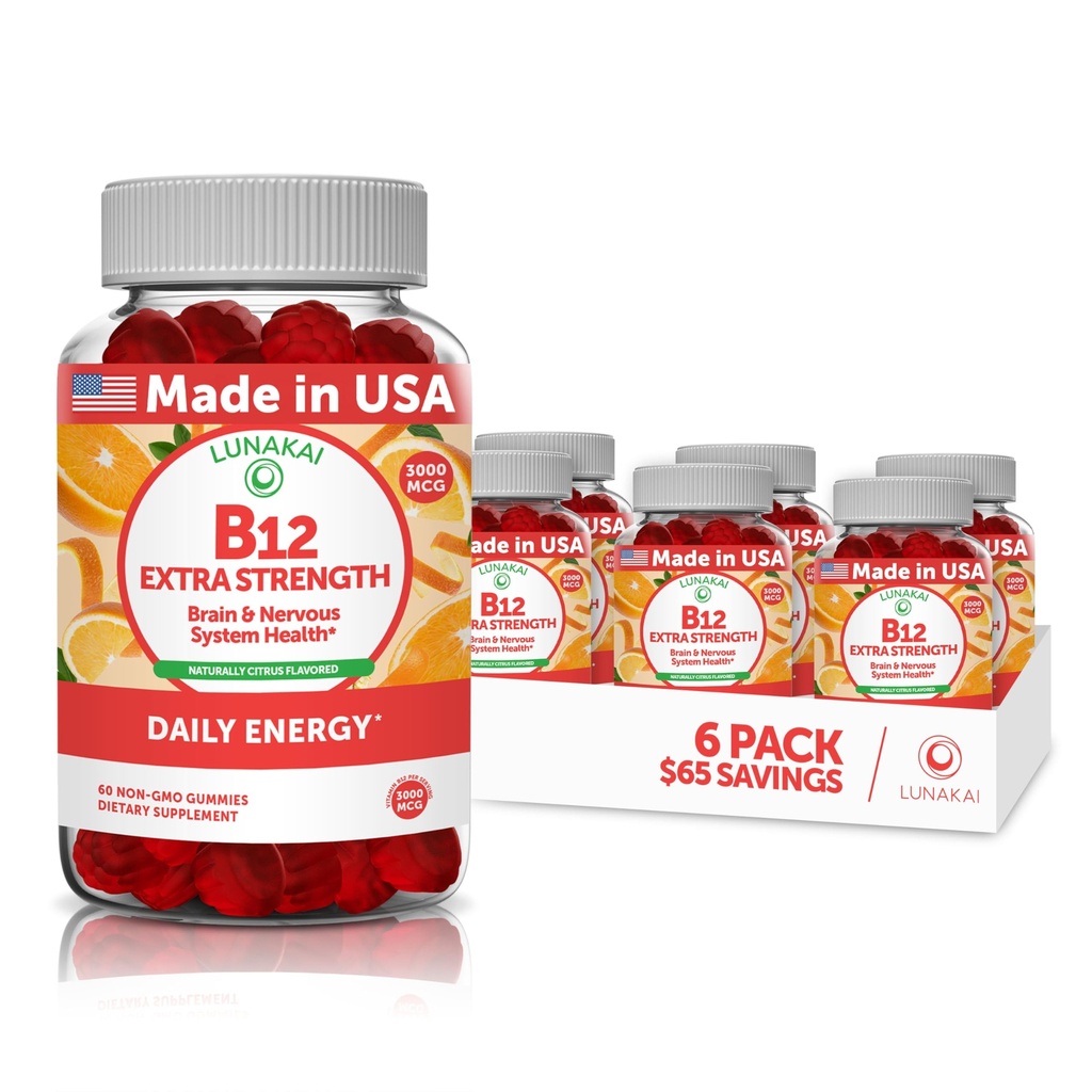 Βιταμίνη B12 Gummies για ενήλικες - Νόστιμη ιδιοκτησιακή Φόρμουλα - 3000mcg Μεθύλιο B-12 Υψηλή Απορρόφηση Ενεργειακά Gummies - Μη ΓΤΟ Vegan Vit B12 - Μασώμενο B 12 για την ενεργειακή υποστήριξη και την υγεία των οστών - 6 Pack