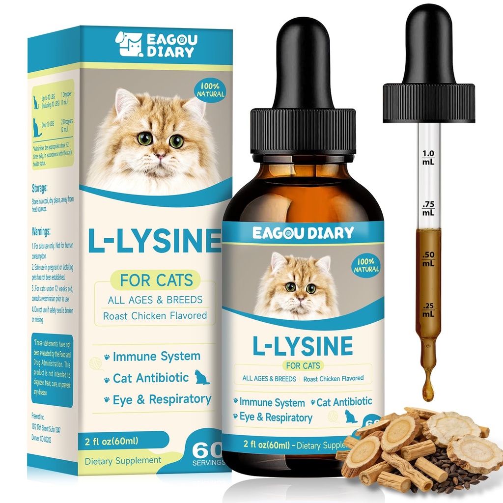 L-Lysine για γάτες,Lysine Drops συμπλήρωμα υποστήριξης του ανοσοποιητικού, Φτάρνισμα,Κρύο, Αλλεργία ανακούφιση, Runny μύτη, Feline αναπνευστικό, Φυσική αντιβιοτικά για γάτες με Colostrum, Ταυρίνη (Roast κοτόπουλο άρωμα/2floz)