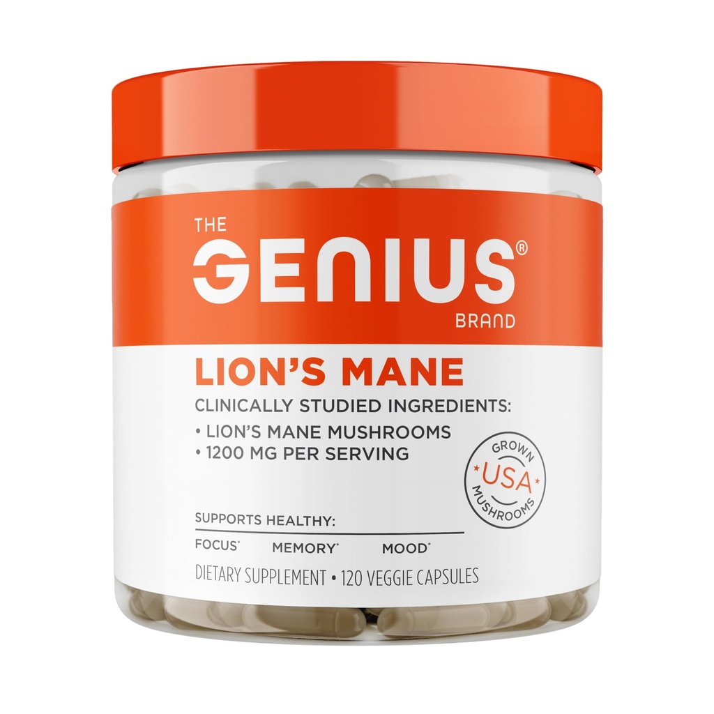 The Genius Brand Genius Lion's Mane - Συμπληρώματα με βάση το φυτό για την υποστήριξη μνήμης, εστίασης και διάθεσης - Organic & Non-GMO - 120 κάψουλες λαχανικών