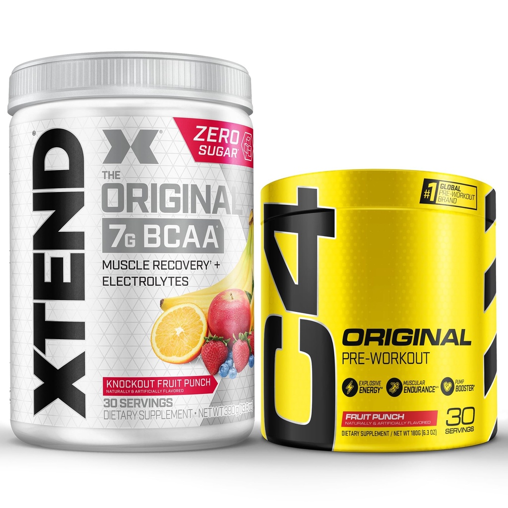 Cellucor Pre προπόνηση & BCAA Bundle, C4 αρχικός σκόνη προ προπόνησης, Punch φρούτων, 30 εξυπηρετήσεις + XTEND BCAA σκόνη, Knockout Punch φρούτων, 30 εξυπηρετούν