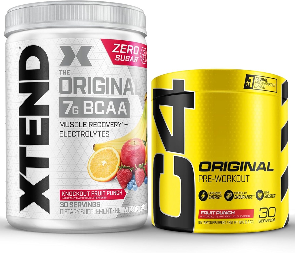 Cellucor Pre προπόνηση & BCAA Bundle, C4 αρχικός σκόνη προ προπόνησης, Punch φρούτων, 30 εξυπηρετήσεις + XTEND BCAA σκόνη, Knockout Punch φρούτων, 30 εξυπηρετούν