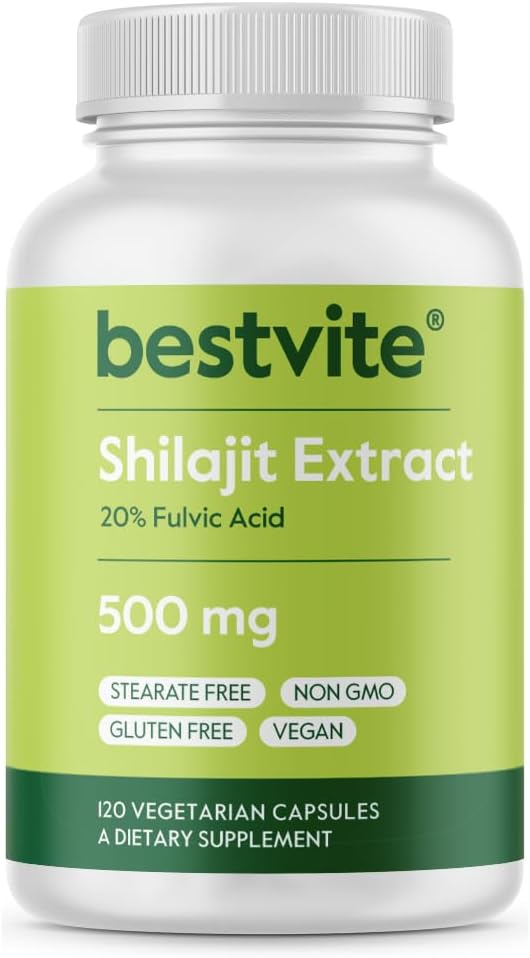 BESTVITE Pure Shilajit Extract 500mg (120 κάψουλες χορτοφάγων) - Δεν Stearates - Vegan - Μη ΓΤΟ - Χωρίς γλουτένη - Τυποποιημένο σε 20% Fulvic Acid