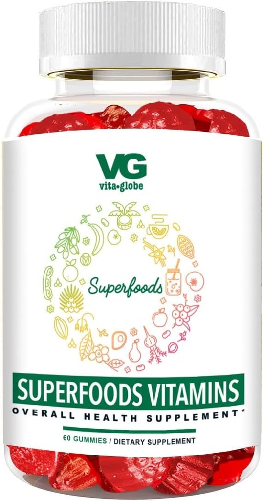 VITA GLOBE Superfood Gummy Βιταμίνες – Ανοσοποιητική Υγεία & Αντιοξειδωτική Υποστήριξη – Καθημερινή Ευεξία Gummies για ενήλικες & παιδιά – Vegan, μη ΓΤΟ, Gluten Free Superfood Supplement – 60 Count