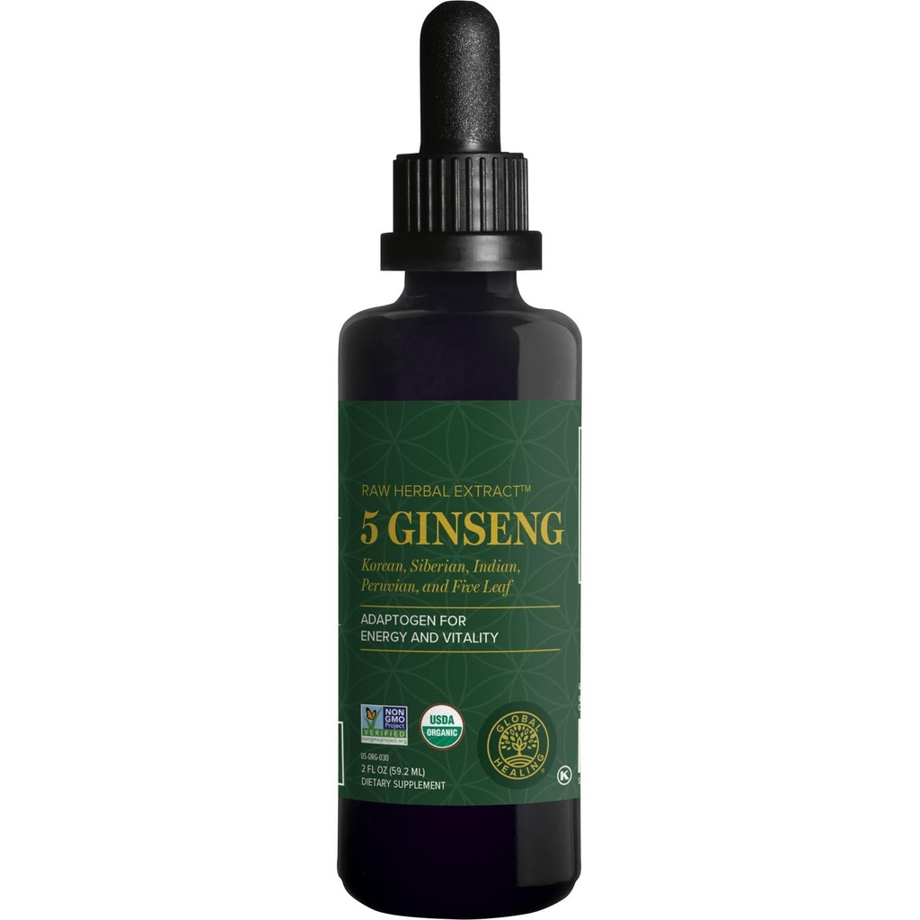 Global Healing Center - Ginseng - Βιολογικό Ακατέργαστο εκχύλισμα βοτάνων - Υγρό συμπλήρωμα Panax Drop προωθεί την ενέργεια - Κορεατική και Σιβηρία Ginseng συμπλήρωμα, Maca, Ashwagandha - Μη-GMO - 2 Fl Oz