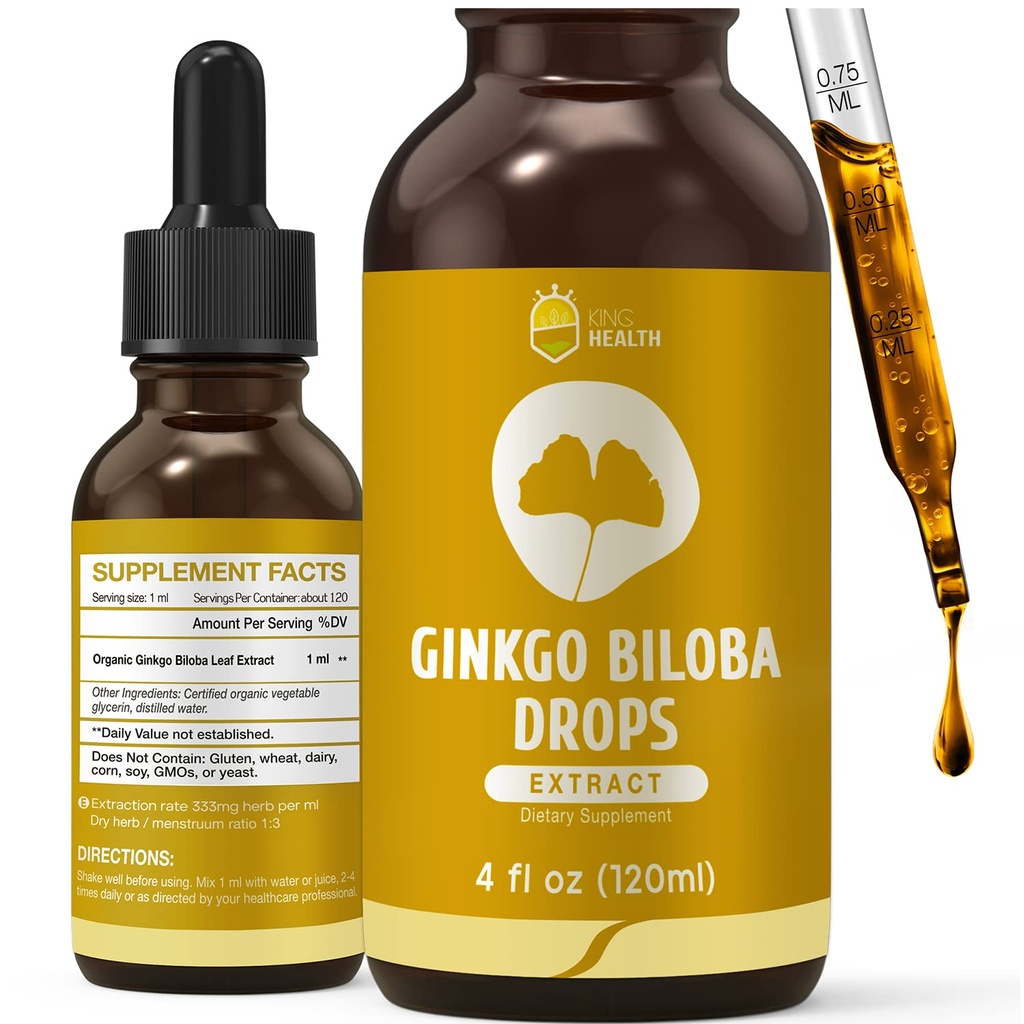 Βιολογικό Ginkgo Biloba Extract Υγρά συμπληρώματα, υποστήριξη εγκεφάλου & εστίασης, 98% Απορρόφηση, Vegan, μη ΓΤΟ, Αλκοόλ & Χωρίς γλουτένη - 4 Fl Oz