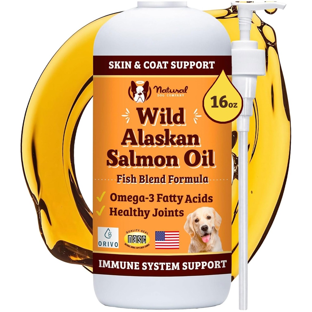 Natural Dog Company Wild Alaskan Salmon Oil Formula με Omega 3, Fish Oil for Dogs Supplement, Skin & Coat Dog Oil, Ichy Relief, Immune Support for Joints & Heart, Food Topper, 16 oz.