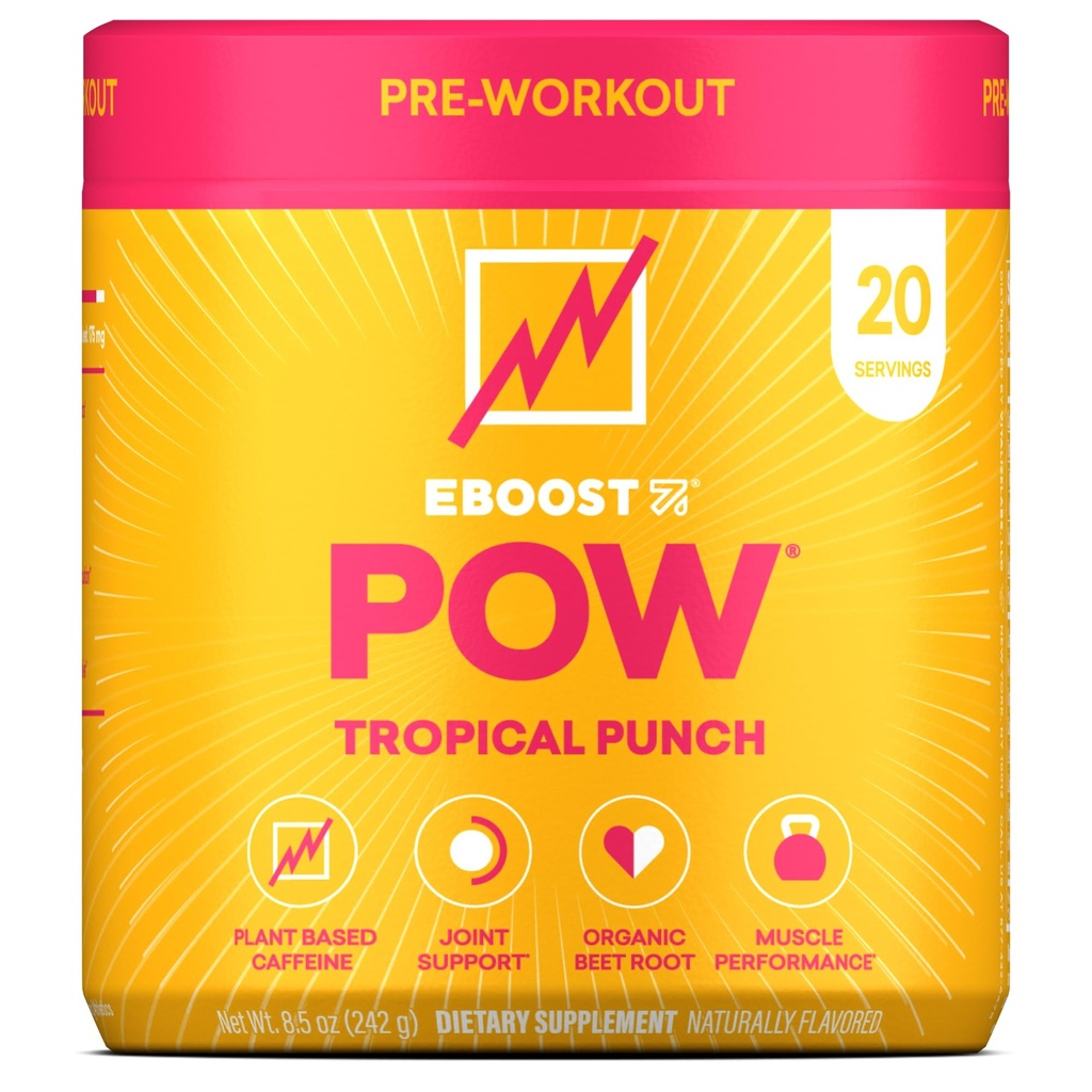 EBOOST POW Φυσική σκόνη προ προπόνηση – 20 υπηρεσίες - Tropical Punch - ένα συμπλήρωμα προ προπόνησης για την απόδοση, κοινή υποστήριξη κινητικότητας, ενέργεια, εστίαση - άνδρες & γυναίκες - μη-GMO, χωρίς γλουτένη, χωρίς πλάσμα