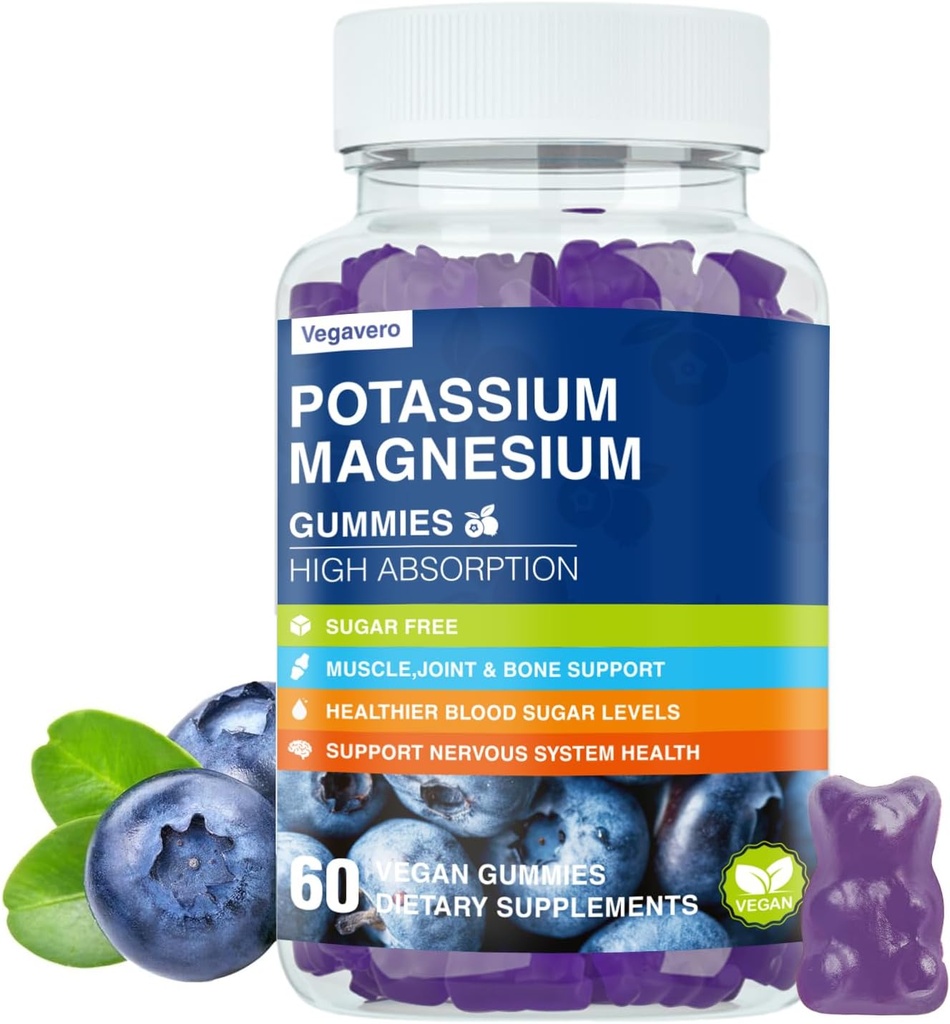 Συμπληρώματα Μαγνησίου Κάλιο Gummies - Υψηλή Απορρόφηση Ηρεμία Μαγνήσιο Γλυκινικό & Κιτρικό Κάλιο Plus Συνένζυμο Q10, DHA, D3, Ορυκτό & Ασβέστιο για Zzz, Πόδι Cramps & Μύες - 60 Gummies Βατόμουρο