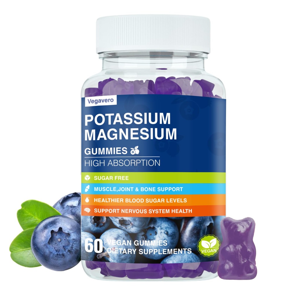 Potassium Magnesium Gummies - Magnesium Glycinate B6,D3 & Potassium Citrate for Leg Cramps,Muscle,Electroyte for Adults Kids,Sugar-Free - 60 Blueberry Gummies
