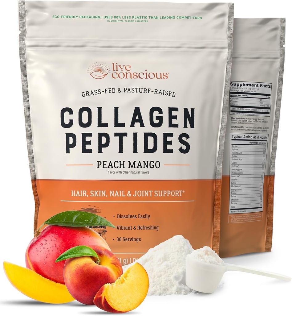 Live Consciious Collagen Peptides Powder - Ροδάκινο Mango Flavored Collagen Powder - Μαλλιά, Δέρμα, Καρφί, & Κοινή Υποστήριξη - Τύπος I & III Grass-Fed Collagen Συμπληρώματα για γυναίκες και άνδρες - 30 Υπηρεσίες - 13oz