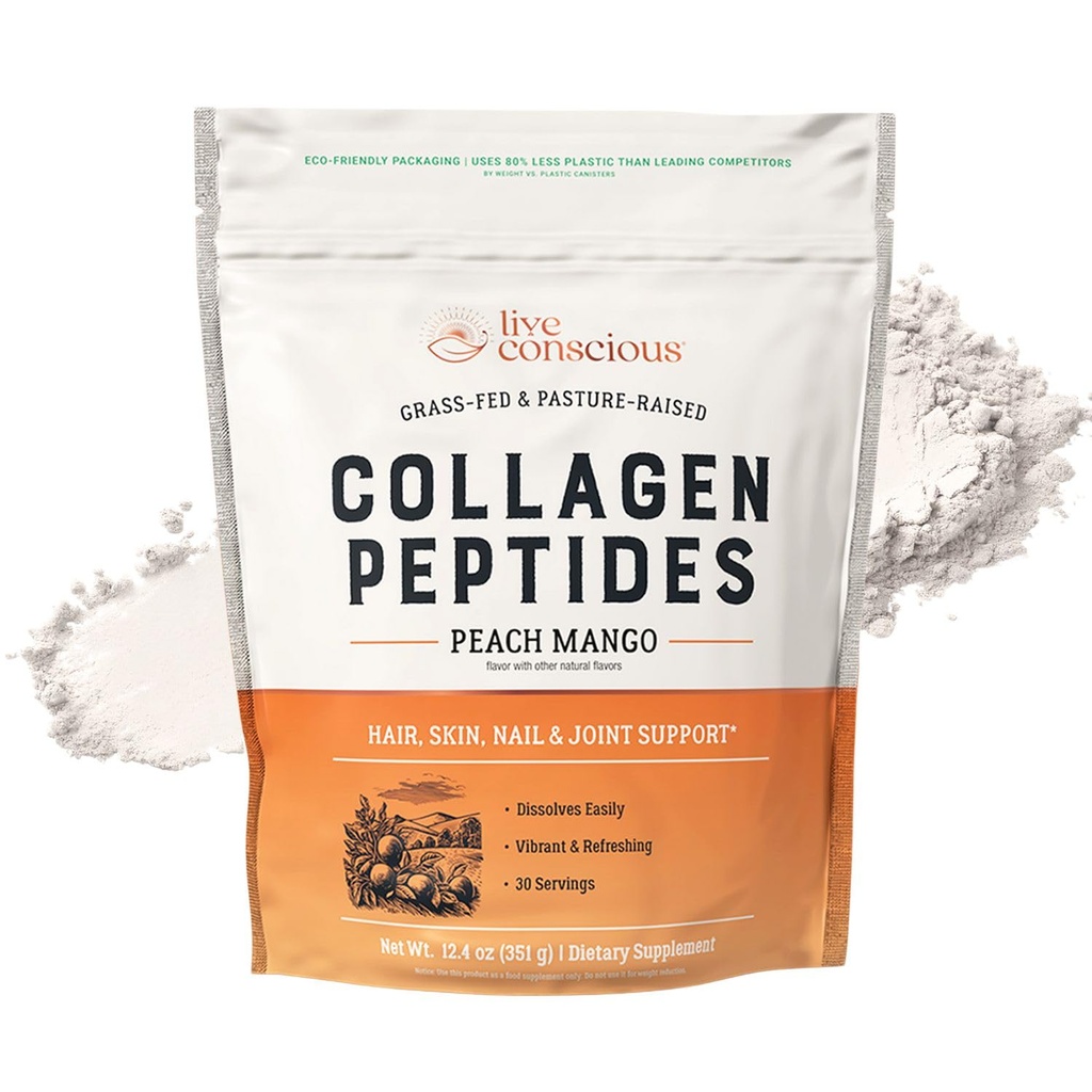 Live Consciious Collagen Peptides Powder - Ροδάκινο Mango Flavored Collagen Powder - Μαλλιά, Δέρμα, Καρφί, & Κοινή Υποστήριξη - Τύπος I & III Grass-Fed Collagen Συμπληρώματα για γυναίκες και άνδρες - 30 Υπηρεσίες - 13oz