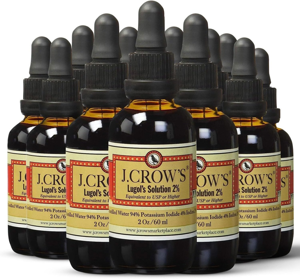 J.CROW'S® Lugol's Solution of Iodine 2% 2 oz (12 μπουκάλια) – Premium Ιώδιο & Ιωδιούχο Κάλιο Υγρό, Γλουτένη &, εκχύλισμα Φυσικής Βρώμης Χωρίς Αλκοόλ, Χωρίς Λήξη
