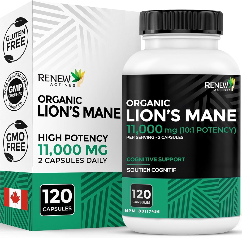 Renew Actives Premium Organic Lion's Mane Mushroom 1100MG ανά 2 κάψουλες - Υποστηρίζει τη λειτουργία του εγκεφάλου, τη μνήμη, την εστίαση, το στρες ανακούφιση & ανοσοποίηση υγεία, μη GMO, Vegan - Made in Canada - 120 κάψουλες