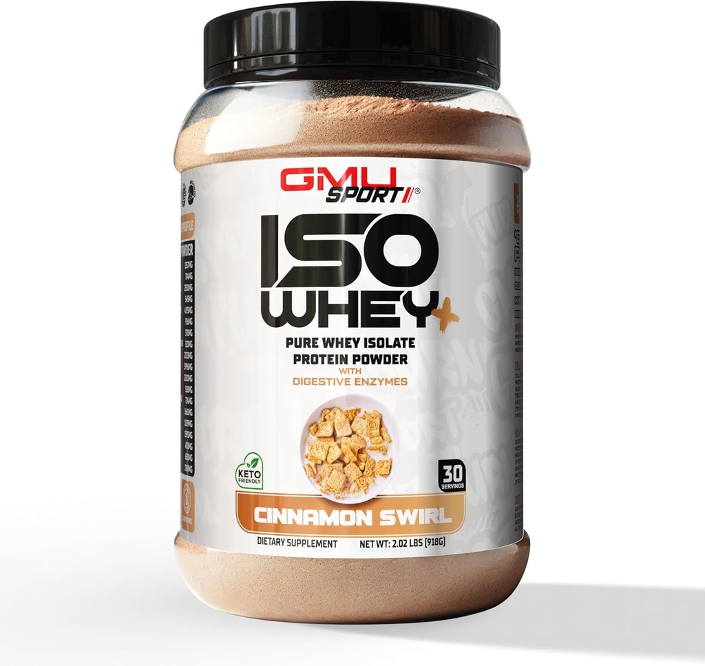GMU SPORT - 100% Whey Protein Isolate Powder - 2 LB Whey Isolate Protein Powder with Collagen Peptides, Digestive Enzymes & BCAAs - Protein Powder with 30 Servings - Cinnamon Swirl