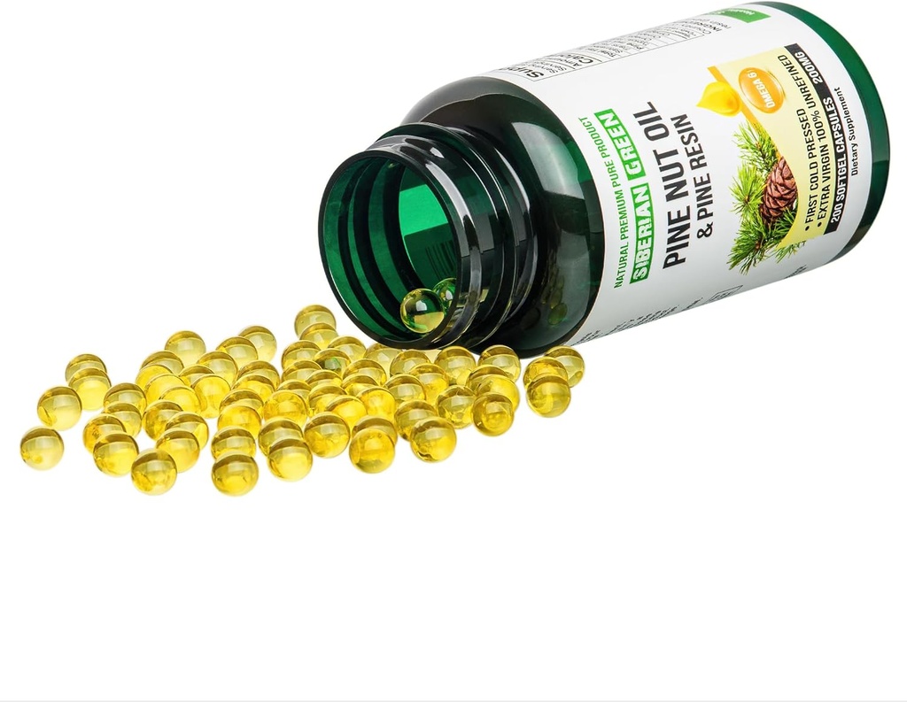 Siberian Green Pine Nut Oil w/Pine Resin Capsules 200 Softgels Άγρια Συγκομιδή Σιβηρία Altai Ψυχρό Πιέζεται unrefined