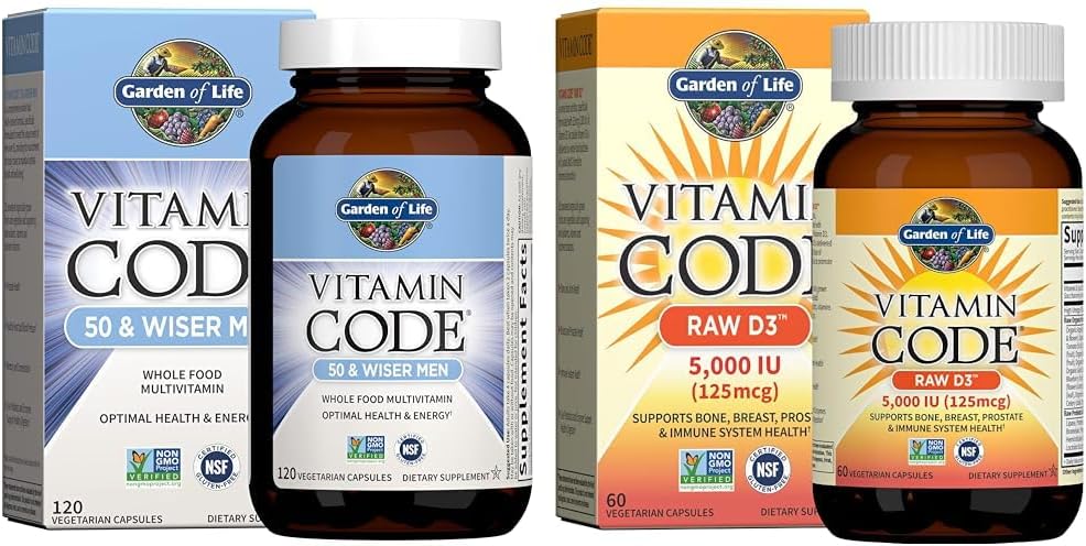 Κήπος της Ζωής 50 & Wiser Raw Ολόκληρα τρόφιμα πολυβιταμίνη, βιταμίνη D3 5.000 IU & Βιταμίνη κώδικα Ακατέργαστες βιταμίνες Bundle