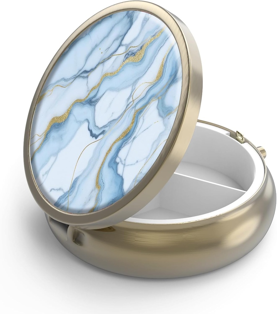 Χάπια κασετίνα χάπι με καθρέφτη Retro 3 διαμέρισμα μικρή θήκη χάπι για την τσάντα ή τσέπη μπρούτζινο μικρό κουτί ρόδα χάπια ή βιταμίνες, ιχθυέλαιο, συμπληρώματα, χάπια Containe ταξιδιωτικά δώρα ( Λευκό μπλε μάρμαρο)