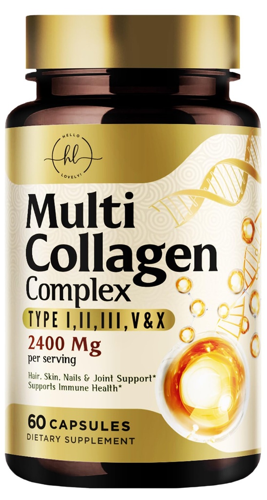 Multi Collagen Peptides 2400mg για γυναίκες – Best Hydrolyzed Collagen Complex με 5 τύπους (I, II, III, V, X) - Grass Fed - Μαλλιά, δέρμα, νύχια, οστά & κοινή υποστήριξη για την ομορφιά & ευεξία – 60 κάψουλες