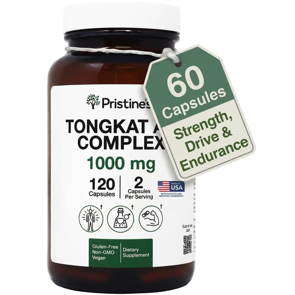 PRISTINE'S Tongkat Ali Complex 1000mg Capsules - 100:1 Tongkat Root Extract with Tribulus - Herbal Vitality, Active Lifestyle & Performance Support - 120 Capsules