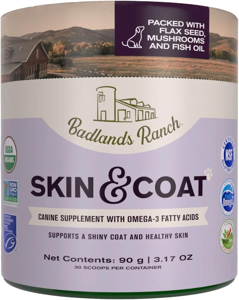 Badlands Ranch - Skin & Coat Canine Supplement w/Omega-3 Λιπαρά Οξέα, Οργ. Συστατικά, Αντιοξειδωτικό Τόπερ, Nourish Coat &Paws, Joint, Support Shiny Coat & Healthy Skin by Katherine Heigl (30 Scoops)