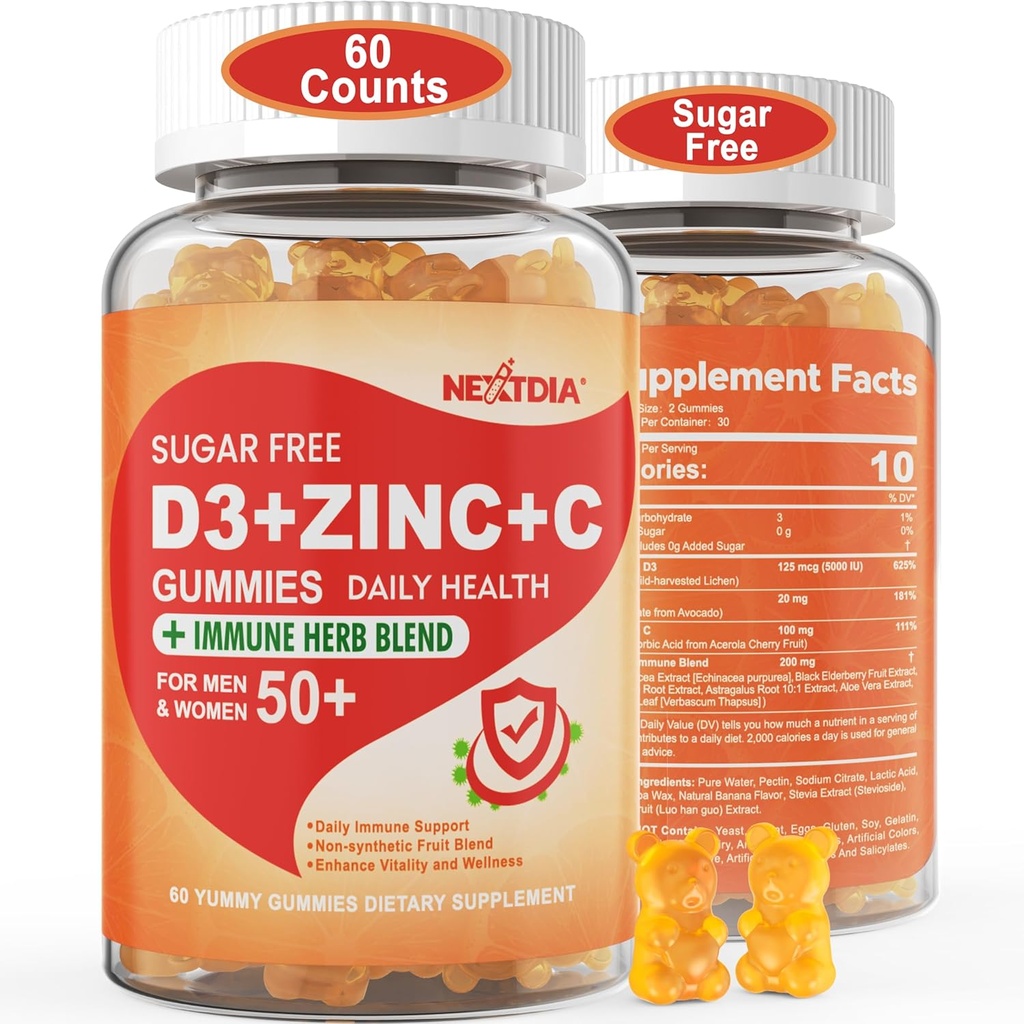 Χωρίς ζάχαρη Βιταμίνη C + D3 + Gummies ψευδάργυρου για ενήλικες 50 +, 9 σε 1 Συμπλήρωμα Ανοσολογικής Άμυνας με D3 5000IU, Elderberry, Echinacea, Mullein Leaf for Boost Immunity, Power Antioxidant, Vegan (Pack of 1)