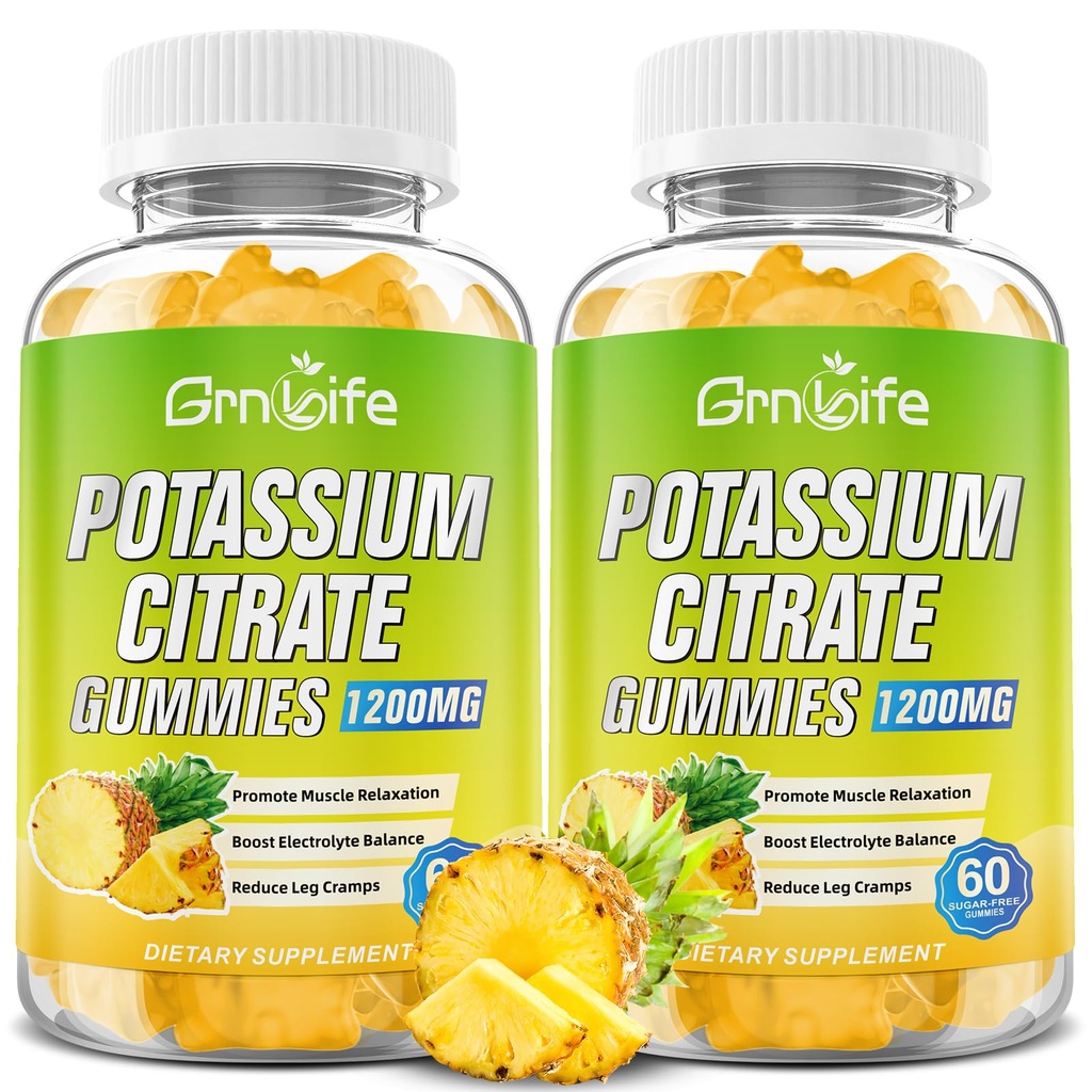 Κάλιο Κιτρικό Gummies, Υψηλής Συμπληρώματος Κάλιο Gummies 1200mg Πόδι Υποστήριξης Cramps & Μυική Υγεία, για Ενήλικες & Παιδιά, Vegan, Ανανάς Γεύση 120 Count