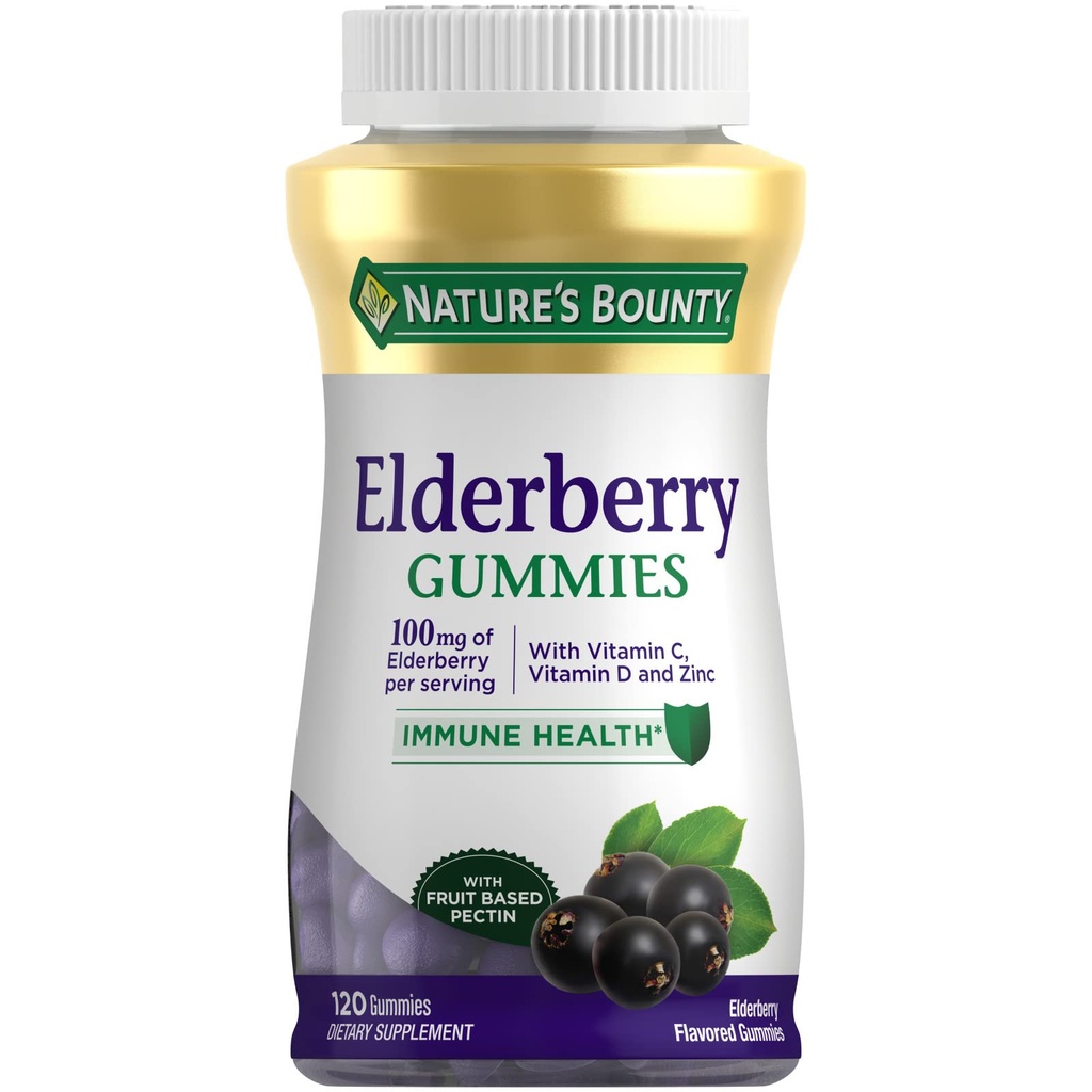 Nature's Bounty Elderberry Gummies, Συμπλήρωμα διατροφής, Υποστηρίζει την Ανοσολογική Υγεία, Περιέχει βιταμίνη Α, C, D, E και ψευδάργυρο, 100 mg, 120 Gummies