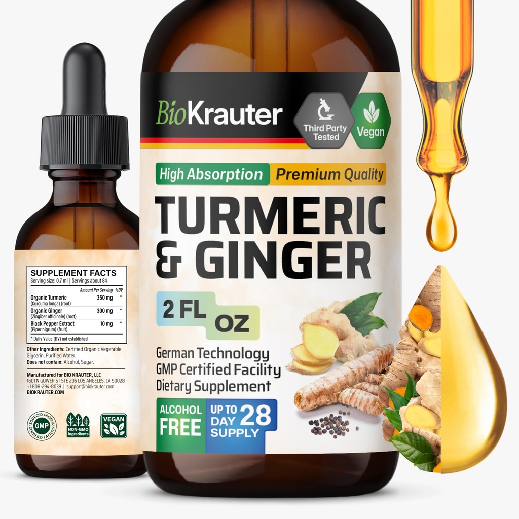BIO KRAUTER Turmeric and Ginger συμπλήρωμα Βάμμα - Turmeric Κουρκουμίνη Ανοσοποιητική υποστήριξη σταγόνες - εκχύλισμα τζίντζερ με Μαύρο πιπέρι - Vegan Formula - 2 Fl.Oz.