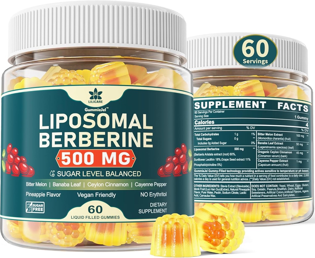 Berberine 500mg Supplement, Once Daily, Liposomal Gummies with Ceylon Cinnamon, Bitter Melon, Banaba Leaf for Metabolism Balanced, AMPK Activator, High Absorption, Sugar Free, Vegan, 60 Cts